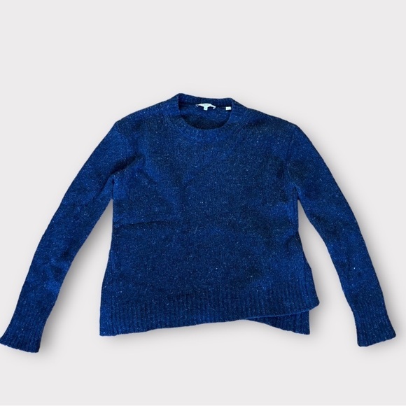 Vince Crew Neck Knit Sweater Asymmetric Split Hem Speckled Marine Navy Blue - Picture 2 of 6